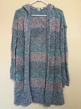 Gap for Good Open-Front Hooded Knit Cardigan Sweater - Teal & Mauve medium